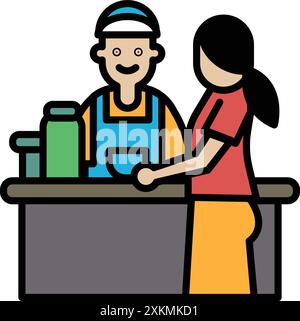 A Cashier staff with customers in line icon style Stock Vector