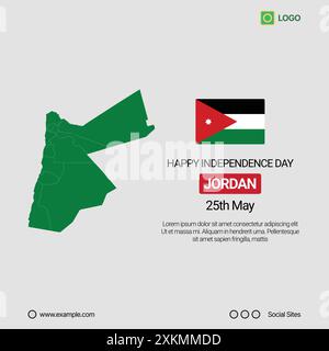 Jordan Independence Day Social Media Banner, Editable Vector Design with Map and Flag Stock Vector