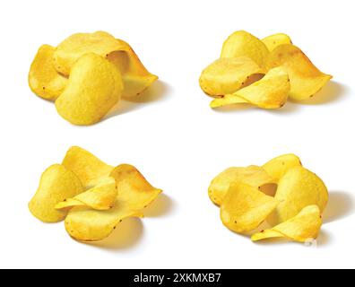Potato chip pile. 3d realistic slice snack vector. Crisps food for advertising. Crunchy fat and salted meal set for party. Detailed spicy gourmet chips advertisement isolated on white background. Stock Vector