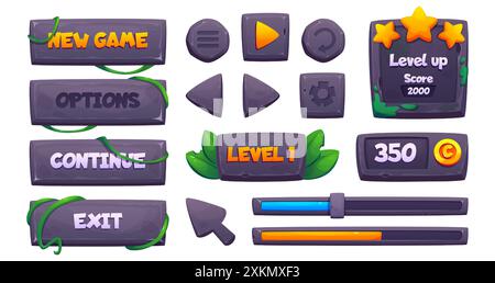 Stone game buttons set for ui design. Vector cartoon illustration of rock boards with green lianas and moss, level menu, options, settings borders, score star signs, equalizer bar and cursor arrow Stock Vector