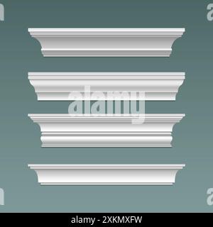 Crown cornice trim for ceiling. Wall moulding isolated frame. Decorative plaster stucco strip vector. 3d plinth pattern with bevel ornament render set. Decor relief ledge border object illustration Stock Vector