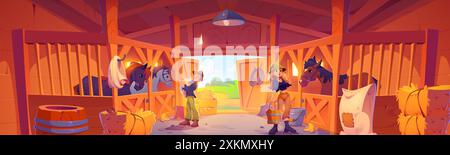 Wooden farm barn with horses in rustic stable and farmers feeding and drinking animals. Cartoon vector equestrian ranch house interior with cattle in stall, workers and with hay and bucket. Stock Vector