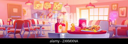 Pizzeria interior with hot delicious pizza, fries and soda drink in tin can on table and young man cashier at bar counter. Cartoon vector illustration of Italian fast food restaurant or cafe. Stock Vector