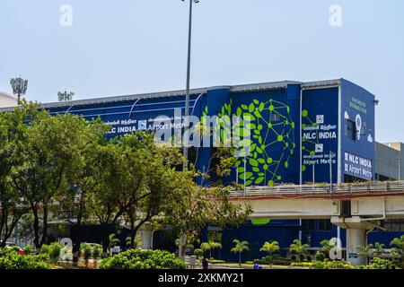 Chennai Airport Metro Station is an elevated southern terminal metro station on the North-South Corridor of the Blue Line of Chennai Metro in Chennai. Stock Photo