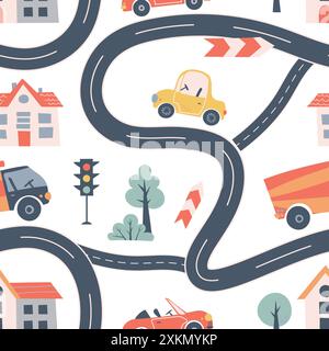 Kids seamless pattern with car, bus and road. Perfect for fabric , digital paper, cards Stock Vector