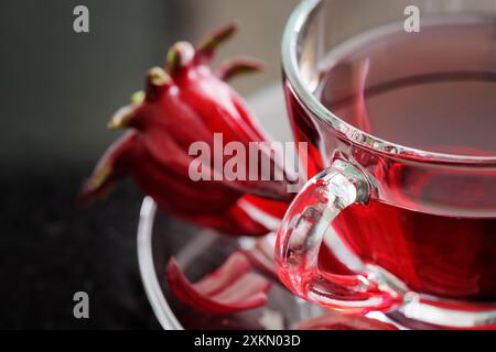 Closeup view of cup of hibiscus tea (rosella, karkade) Stock Photo