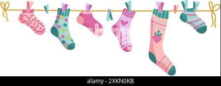 Clothesline socks. Socks on a rope, Baby socks with patterns vector cartoon. Stock Vector