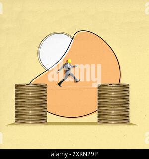 A man is walking on a tightrope between two stacks of money. Concept of balancing between financial success and failure Stock Photo