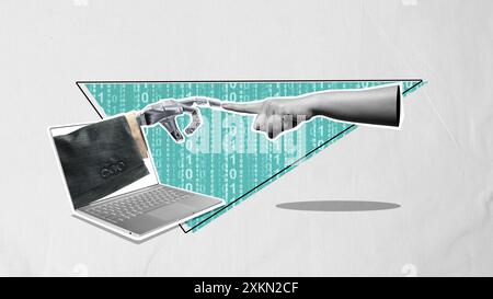 A laptop is shown with a hand pointing at it on a colored background Stock Photo