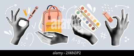 Back to school collage hands set. Trendy vector gesture signs. Modern forms for card, print on cloth. Halftone hands. Stock Vector