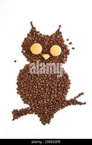 Creative owl shape made from coffee beans with macarons for eyes and beak on a white background. Stock Photo