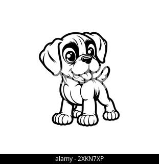 Happy cartoon Boxer puppy with big eyes and floppy ears. Cute playful smiling dog character for kids merchandise, nursery decor, educational materials Stock Vector