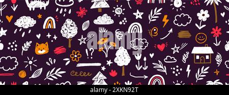 Cute kid child element vector seamless pattern. Hand drawn doodle sketch children cute vector school chalk background. Kids doodle crayon style line flower, cloud doodle pattern. Vector illustration Stock Vector