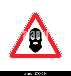 Attention balaclava Bandit. Caution Terrorist. Red road triangle sign. Avast Scammer. Stock Vector
