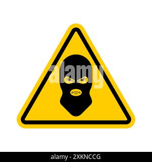 Attention balaclava Bandit. Caution Terrorist. Yellow road triangle sign. Avast Scammer. Stock Vector