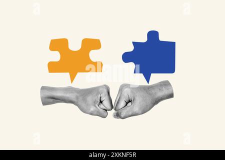 Two hands are shown with fists raised, one blue and one orange. The blue hand is on the left and the orange hand is on the right. The image is meant t Stock Photo
