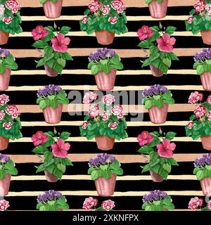 Watercolor pattern. Bright indoor flowers in pots on a striped background. Hibiscus, geranium, violet hand-painted in watercolor. Stock Photo