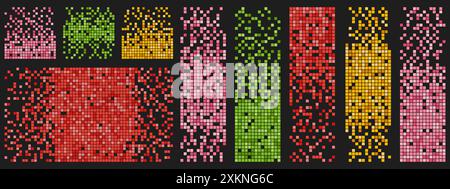Set of colorful decay backgrounds. Geometric pixel mosaic textures with square particles. Vector illustration. Stock Vector