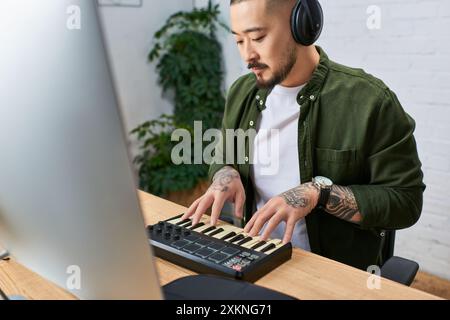 A young Asian man wearing headphones, a green shirt and a white undershirt plays on a midi keyboard in his studio. Stock Photo