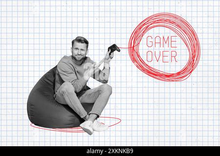 Composite collage image of confused young man play lose videogame playstation game over fantasy billboard comics zine minimal Stock Photo