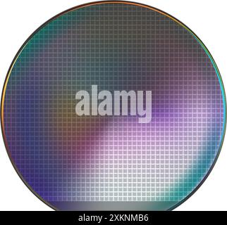 Truncated silicon wafer plate with microchip cells and holographic effect isolated on white. Microelectronic polycrystalline integrated circuits for c Stock Vector