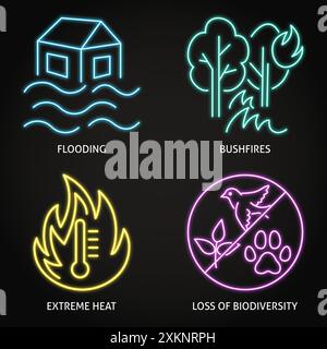Climate change impact neon icon set. Forest fires, flooding, high temperature and biodiversity loss. Vector illustration. Stock Vector