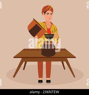 Vector illustration of  tea seller straining the tea in the kettle. Stock Vector