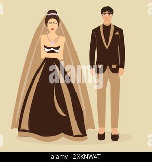 Vector illustration of wedding couple wearing wedding dress in wedding ceremony. Stock Vector