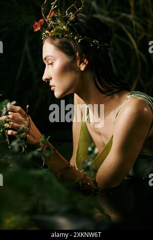 A woman with a floral crown sits in a swamp, surrounded by lush greenery. Stock Photo