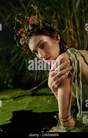 A woman wearing a floral crown poses in a swamp setting. Stock Photo