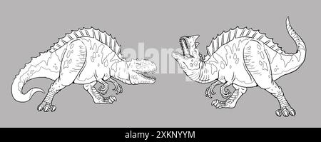 Fighting predatory dinosaurs. Dinosaur template for coloring. Stock Photo