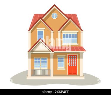 Cute facade of house with front view. Cool detailed two floors house with windows and entrance view, shadow on house. Flat vector illustration for soc Stock Vector