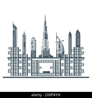 United Arab Emirates skyscrapers silhouette. Dubai buildings, hotels and symbol vector illustration. Dubai city skyline. Towers and landmarks cityscap Stock Vector