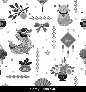 Vector seamless pattern Holiday Happy New Year. Chinese lantern Pot with national food Fan Houseplant Maneki neko cat Vase with flowers Dragon Tangeri Stock Vector