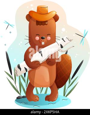 Children cute poster with cartoon beaver Stock Vector