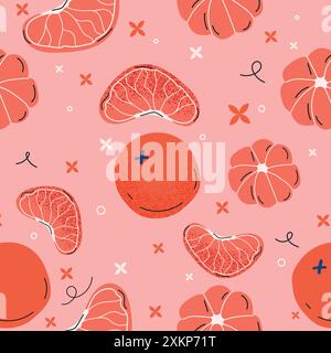 Handdrawn citrus fruit pattern on pink background Stock Vector