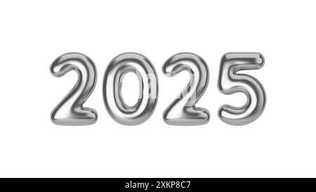 Happy New 2025 Year. Silver number made of chrome in the form of balloons. Realistic 3d render. Vector illustration Stock Vector