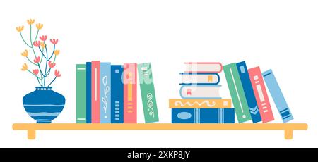 Interior bookshelves. Books at bookshelf, school education or bookstore shelf, library bookcase isolated vector illustration set. School archive and b Stock Vector