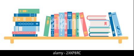 Interior bookshelves. Books at bookshelf, school education or bookstore shelf, library bookcase isolated vector illustration set. School archive and b Stock Vector