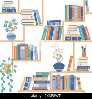 Books on shelves seamless pattern. Bookcase or bookshelves library or bookstore background. Stock Vector