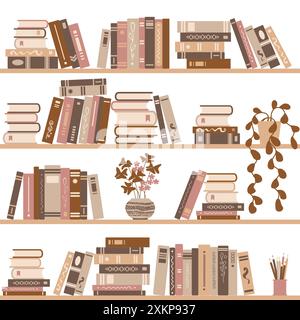 Books on shelves seamless pattern. Bookcase or bookshelves library or bookstore background. Stock Vector