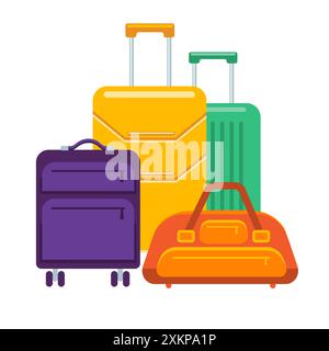 Plastic, metal suitcases, bags for luggage. Travel suitcases with wheels, travel bag, business cases, trip baggage Stock Vector