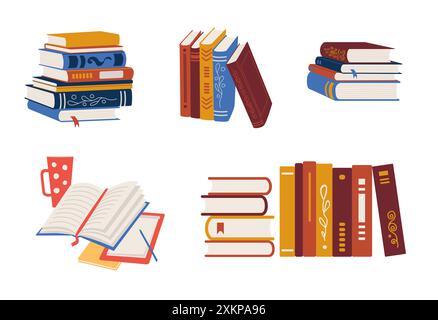 Stack of books for reading, pile of textbooks for education, books row, open book Stock Vector