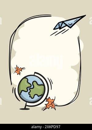 Simple school illustration with globe, paper airplane and autumn leaves. Frame for text. Template for posts, banners Stock Vector