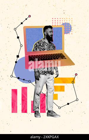 Vertical composite collage artwork image picture of mini guy laptop screen isolated on creative background Stock Photo