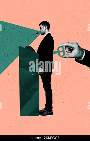Vertical composite artwork collage image picture of arm touch key back mini guy isolated on creative background Stock Photo
