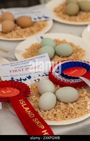 various eggs from rare breed hens on display at an agricultural show on the isle of wight Stock Photo
