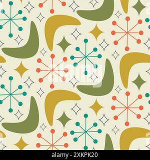 Mid Century Modern Boomerangs with atomic starbursts in olive green, mustard yellow, teal and orange on white background. For wallpaper, home décor an Stock Vector