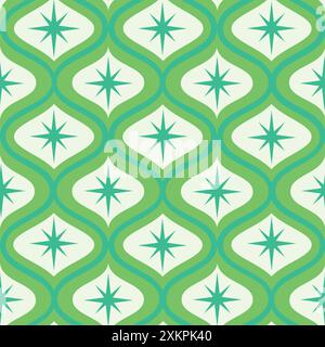 Mid Century Modern Atomic Starbursts on ogee seamless pattern in mint green, lime green and white. For wallpaper, textile, fabric and home décor. Stock Vector