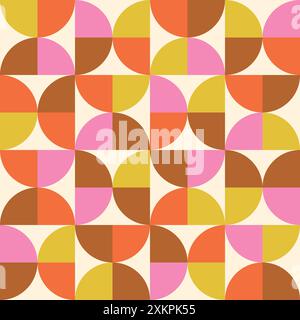 Mid Century Colorful Geometric Semi Circles seamless pattern  in pink, orange, brown and mustard yellow. For wallpaper, home décor and posters Stock Vector